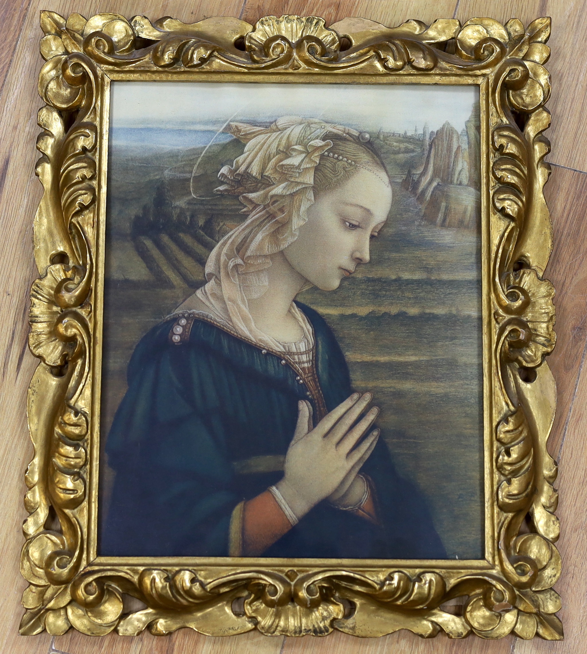 An ornate gilt frame housing a renaissance style print, Madonna after Filippo Lippi (1406-1469), 35 x 27cm